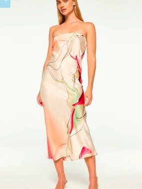 Strapless Cream Midi Dress with Watercolor Print
